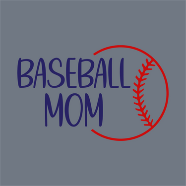 The InkMerge Baseball Mom Curve Stitch DTF Transfer – Ready to Press showcases bold blue “Baseball Mom” text with a red curve stitch baseball graphic on gray, ideal for easy application.